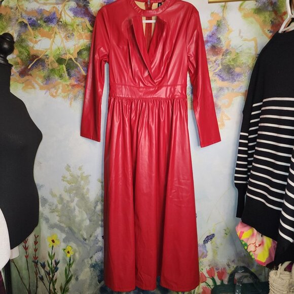 StyleWe Red Faux Leather Long Sleeve Midi Dress With Keyhole Neckline - Picture 10 of 10
